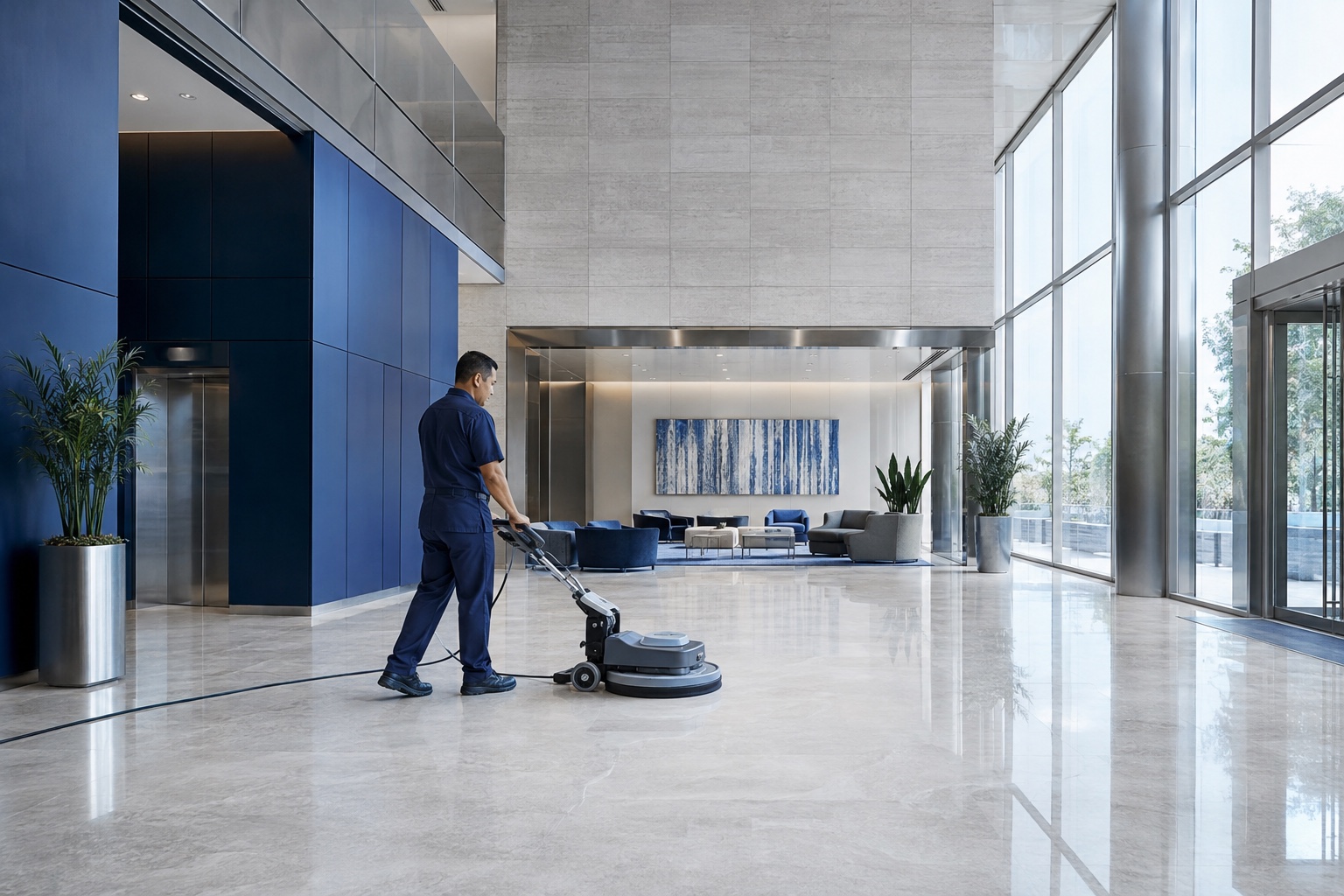 Professional cleaner maintaining a polished modern office tower lobby